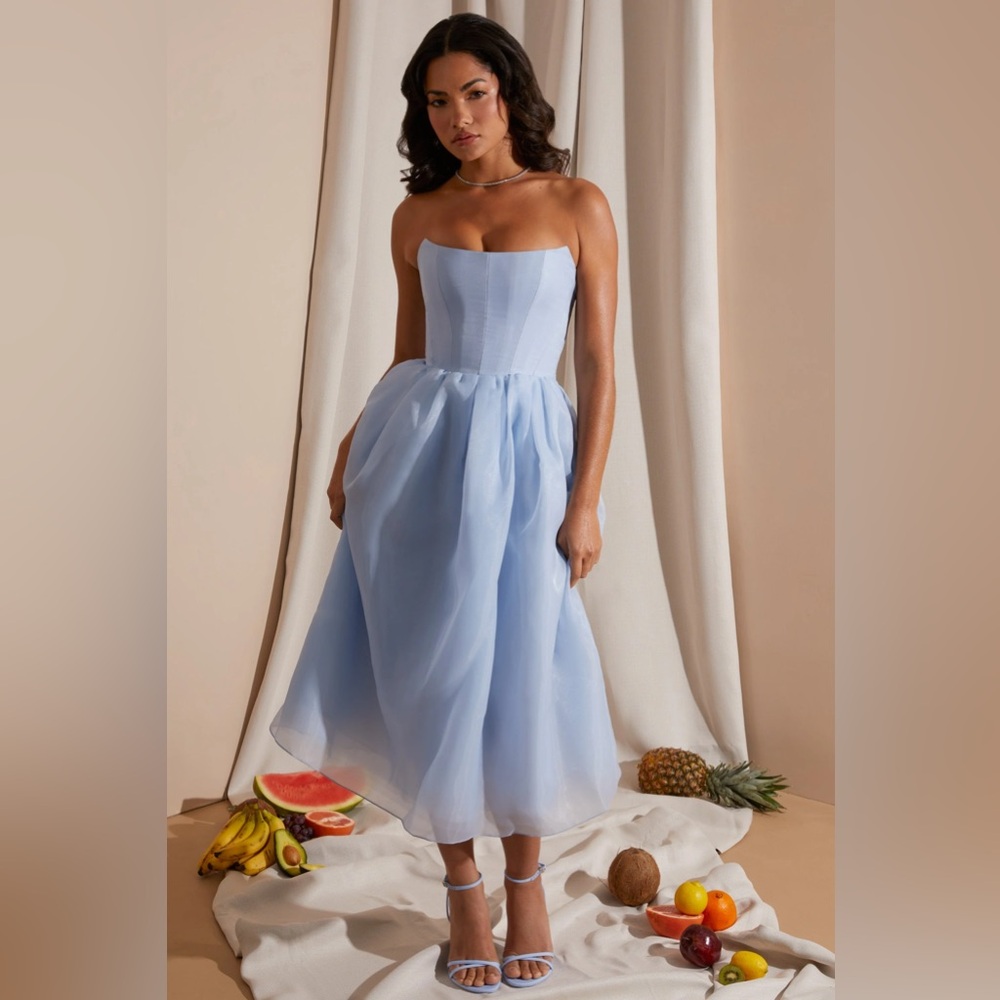 NWT Oh Polly Marise Strapless Corset Tulle Midi Dress in Blue